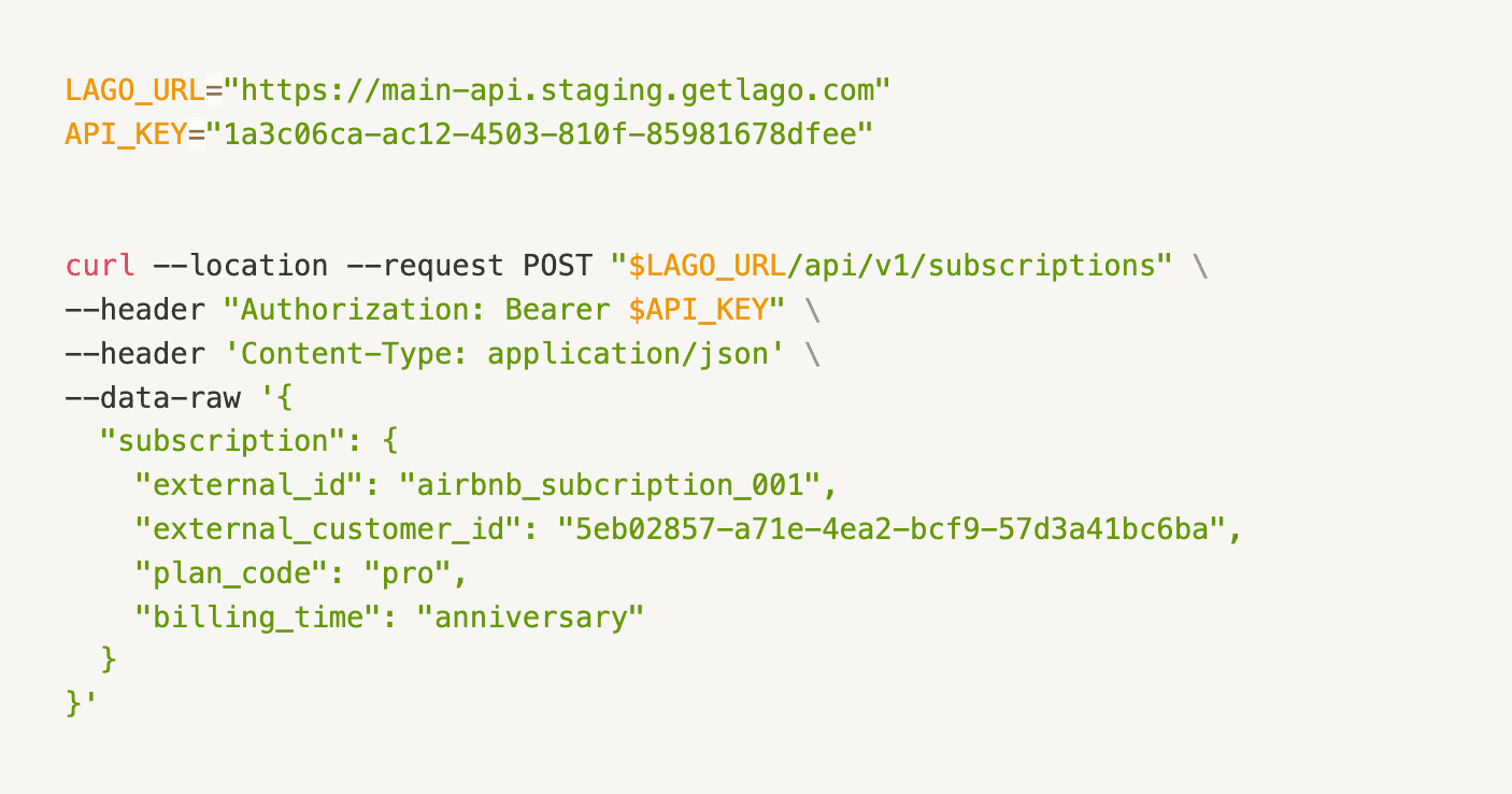 Creation of a subscription via the API