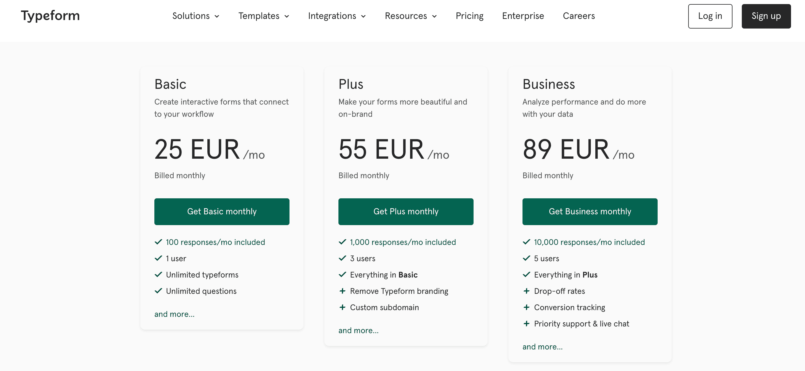 Typeform's subscription-based pricing